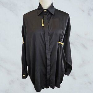 Sara Mone, classy women's black gold pin lion head button-up blouse size small.